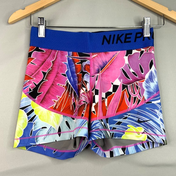Nike Pro Women's Training Shorts Tropical Floral Print Blue Waistband - Picture 1 of 5